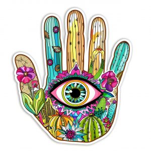 bunt bemalte hochgehaltene Hand mit einem Auge in der Mitte - Coaching Koblenz