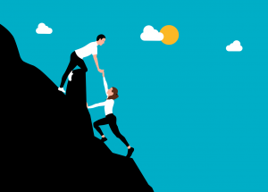 Illustration von zwei Bergsteigern, eine Person hilft der anderen, Symbol für Coachingsetting - Koblenz